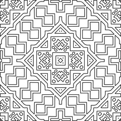 Monochrome ornamental texture with smooth linear shapes, zigzag lines, lace pattern.Abstract geometric black and white mandala for web page, textures, card, poster, fabric, textile.