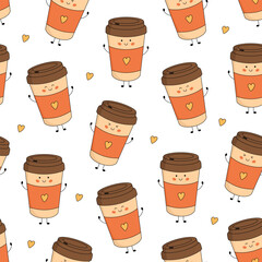 Seamless pattern with cute paper coffee cup character with smiling face, hands and legs. Funny, happy cartoon mascot. Vector flat illustration