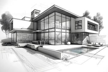 Sketch of building design of modern family house with roof terrace and swimming pool 