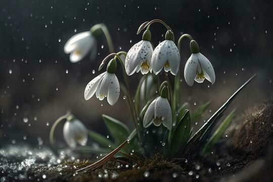 Snowdrop flowers in snow generative ai