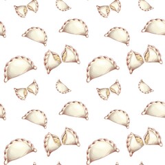 Seamless pattern with Ukranian traditional dumpling Vareniki. Russian national cuisine. tasty food endless texture isolated on white background