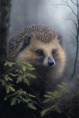 Fototapeta premium hedgehog in the forest, atmospheric image, photo realistic, generative Ai.