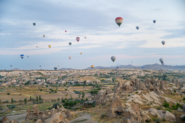 beautiful scenery flight of balloons in the mountains of Cappadocia