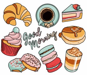 Breakfast set of Coffee and Pastry. Fresh americano, tasty latte, different type of dessert. Isolated illustration for cafe and Bakery. collection of food sticker.