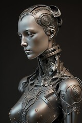 Portrait d'un androïde, d'un robot, d'un cyborg à la technologie très avancée avec des fonctionnalités stoïques.