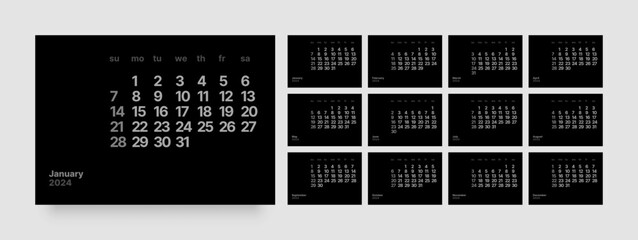 Monthly calendar template for 2024 year. Wall calendar in a minimalist style. Week Starts on Sunday. In dark colors. 