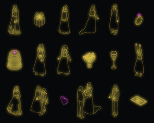 Bride icons set. Isometric set of bride vector icons neon color on black