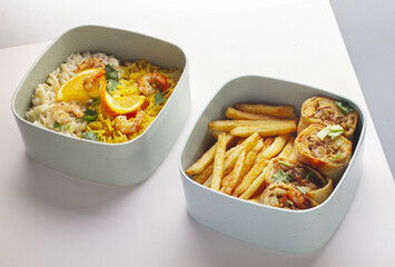 lunch box with food close-up  isolated white background