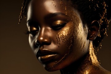 Artistic close up portrait of a beautiful black model dripping in gold and glitter with a luxury style makeup. AI Generative person
