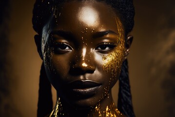Artistic close up portrait of a beautiful black model dripping in gold and glitter with a luxury style makeup. AI Generative person