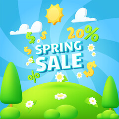 Spring sale banner template with flowers blossom. Green meadow with chamomile flowers, trees, greeting card on the valley background. Social media discount, coupon flyers, brochures. 3D text