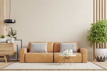 Living room have leather sofa and decoration minimal on white wall.