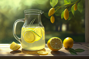 Jug of refreshing homemade lemonade made of fresh lemon fruits on wooden table under the tree in the garden at summer. Generative AI