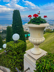 Haifa, Israel - January 3,2023:On territory of Bahai Gardens in city of Haifa, Israel.are designated UNESCO World Heritage sites as holy places and pilgrimage destinations for followers of Bahai Faith