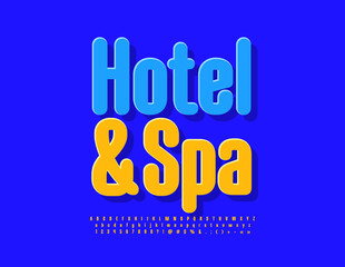 Vector bright Poster Hotel and Spa. Blue sticker Font. Creative Alphabet Letters, Numbers and Symbols set