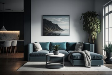 Fototapeta na wymiar Elevate Your Living Space with a Modern and Contemporary Ambiance, Showcasing a Design Sofa and Complementing Carpet Decor that Exudes Sleekness and Style.