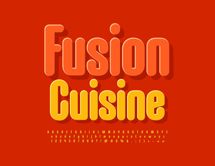Vector gourmet sign Fusion Cuisine with bright Yellow Font. Modern set of creative Alphabet Letters, Numbers and Symbols