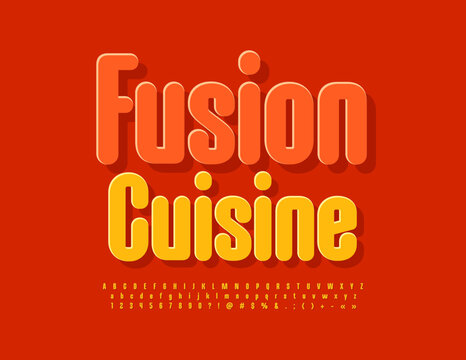 Vector gourmet sign Fusion Cuisine with bright Yellow Font. Modern set of creative Alphabet Letters, Numbers and Symbols