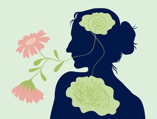 Mental health concept hand drawn illustration. Relief from anxiety. Mindfulness concept. A silhouette of a woman expressing her emotions in environment-oriented way