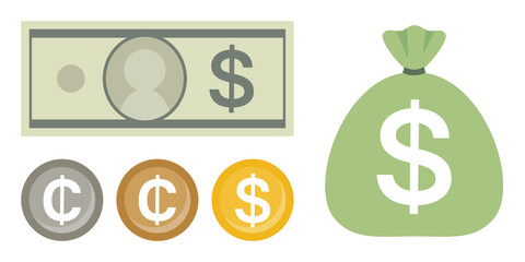 Illustration of a jute bag full of money and a set of dollar bill and coins
