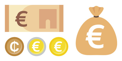 Illustration of a jute bag full of money and a set of euro bill and coins
