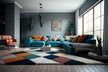 The minimal and modern living room's interior design features a luxurious couch, modern rug, and eye-catching accessories