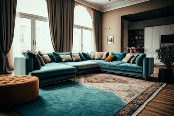 The minimal and modern living room's interior design features a luxurious couch, modern rug, and eye-catching accessories
