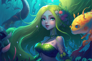 Fototapeta na wymiar a green mermaid inspired cartoon styled mermaid with fishes, generative ai technology