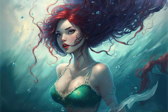 a pretty red haired mermaid woman, under water art, generative ai technology