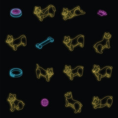 Corgi dogs icons set. Isometric set of corgi dogs vector icons neon color on black