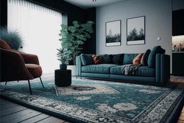 The minimal and modern living room's interior design features a luxurious couch, modern rug, and eye-catching accessories
