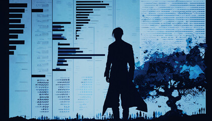 A collage of charts and graphs with a human silhouette standing in the foreground. Big data and analytics in business concept and Data Visualization. Digital Art Illustration.