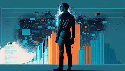 A collage of charts and graphs with a human silhouette standing in the foreground. Big data and analytics in business concept and Data Visualization. Digital Art Illustration.