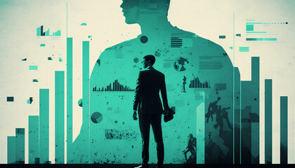 A collage of charts and graphs with a human silhouette standing in the foreground. Big data and analytics in business concept and Data Visualization. Digital Art Illustration.