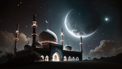 Mosque and crescent moon on dark blue sky, Ramadan concept, Generative AI