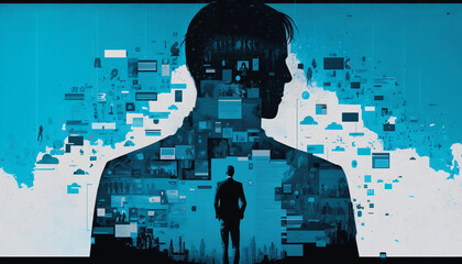A collage of charts and graphs with a human silhouette standing in the foreground. Big data and analytics in business concept and Data Visualization. Digital Art Illustration.