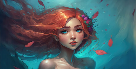a wonderful beautifl anime mermaid with red hair under water, generative ai technology