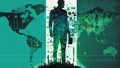 A collage of charts and graphs with a human silhouette standing in the foreground. Big data and analytics in business concept and Data Visualization. Digital Art Illustration.