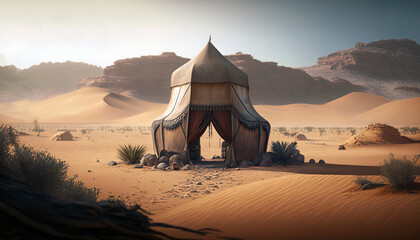 Tent in the desert, bedouin tent. Generative AI