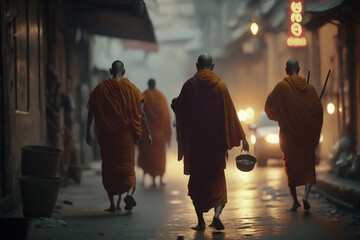 A group of Thai monks walking barefoot through the streets of Bangkok, Thailand at dawn, collecting alms from devout locals,. - obrazy, fototapety, plakaty