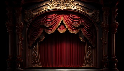 Empty theater stage luxury with red and gold velvet curtain.Generative AI