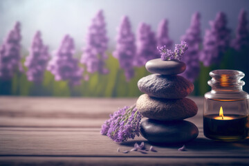 Naklejka na ściany i meble AI Generative image, spa lavender composition set in spa hotel , beauty wellness center . Spa product are placed in luxury spa resort room , ready for massage therapy . Sublime Generative AI image .