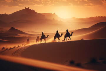 Fototapeta na wymiar A group of Bedouins riding through the desert on camels, with towering sand dunes and a crimson sunset in the background, captured with a telephoto lens, landscape photography