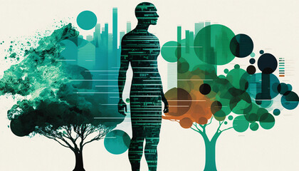 A collage of charts and graphs with a human silhouette standing in the foreground. Big data and analytics in business concept and Data Visualization. Digital Art Illustration.
