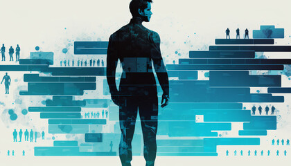 A collage of charts and graphs with a human silhouette standing in the foreground. Big data and analytics in business concept and Data Visualization. Digital Art Illustration.