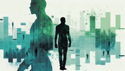 A collage of charts and graphs with a human silhouette standing in the foreground. Big data and analytics in business concept and Data Visualization. Digital Art Illustration.