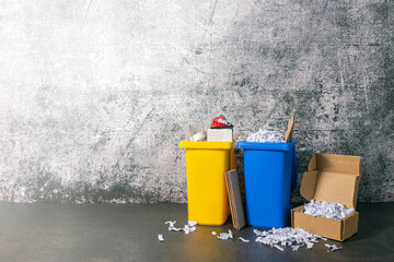 Gelbe und blaue Tonne gefüllt mit Plastik und Papier vor einer schmutzigen Wand Platz für Text