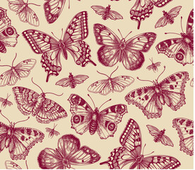 Fototapeta na wymiar Seamless pattern. Butterfly Butterflies animals moths insect fly peacock makhaon mosquito realistic isolated. Vintage fabric background. Wallpaper. Drawing engraving. Vector victorian Illustration 