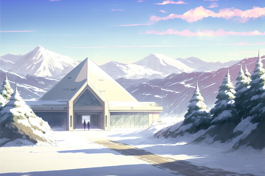 a modern hotel in the mountins in winter, anime manga style, generative ai technology