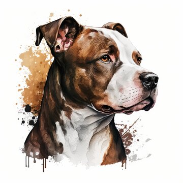 Pit Bull Dog Portrait Watercolor Paint Generative AI